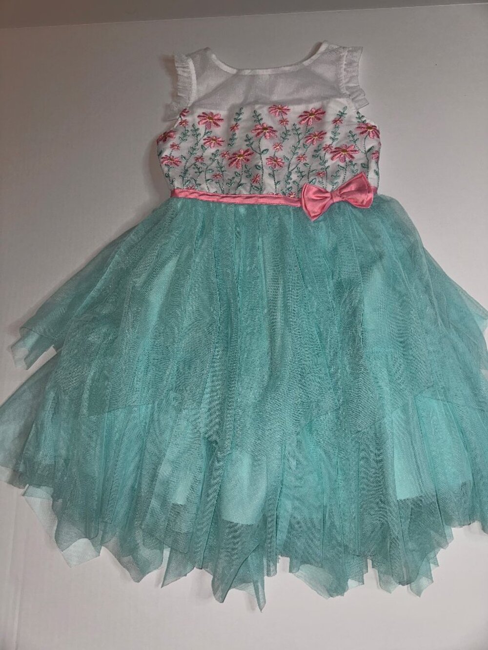 Jona Michelle Girls Aqua Teal Floral Tulle Dress Sleeveless Sz 7 embroidery #628